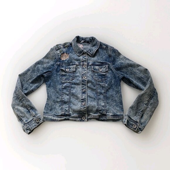 Suko Jeans Denim Jacket Women L Blue Acid Wash Floral Embroidery Stretch Y2K - Picture 9 of 16